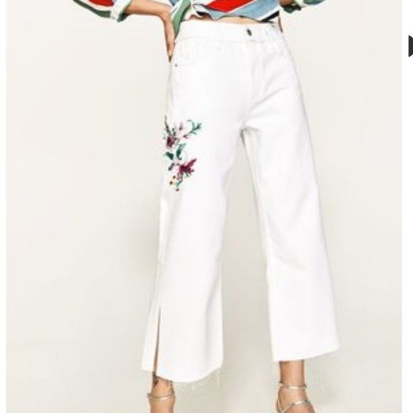 Zara White Wide Leg Crop Denim Floral 